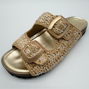 Nine West Tenly Textured Woven Slide Sandals Natural Gold Double Buckle 9 NEW